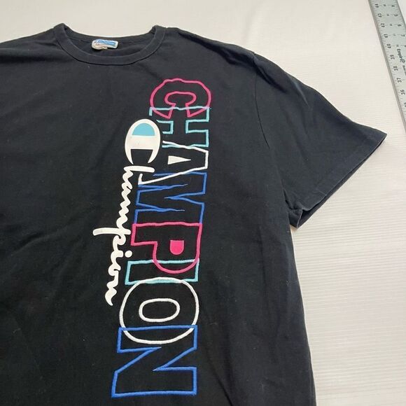 Champion VTG 90s Neon Embroidered Logo Black T-Shirt Size 2X - Picture 2 of 7